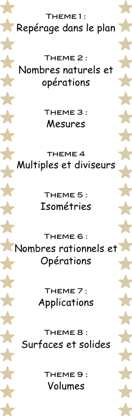 Theme 1 :
Repérage dans le plan

Theme 2 :
Nombres naturels et opérations

Theme 3 :
Mesures

theme 4
Multiples et diviseurs

Theme 5 :
Isométries

Theme 6 :
Nombres rationnels et Opérations

Theme 7 :
Applications

Theme 8 :
Surfaces et solides

Theme 9 :
Volumes
